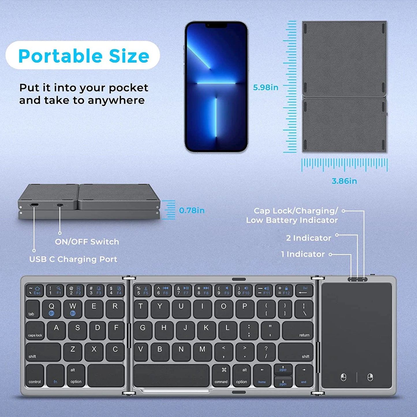 Teclado Bluetooth Dobrável com Touchpad – Mini Teclado Portátil para Windows, Android e iOS