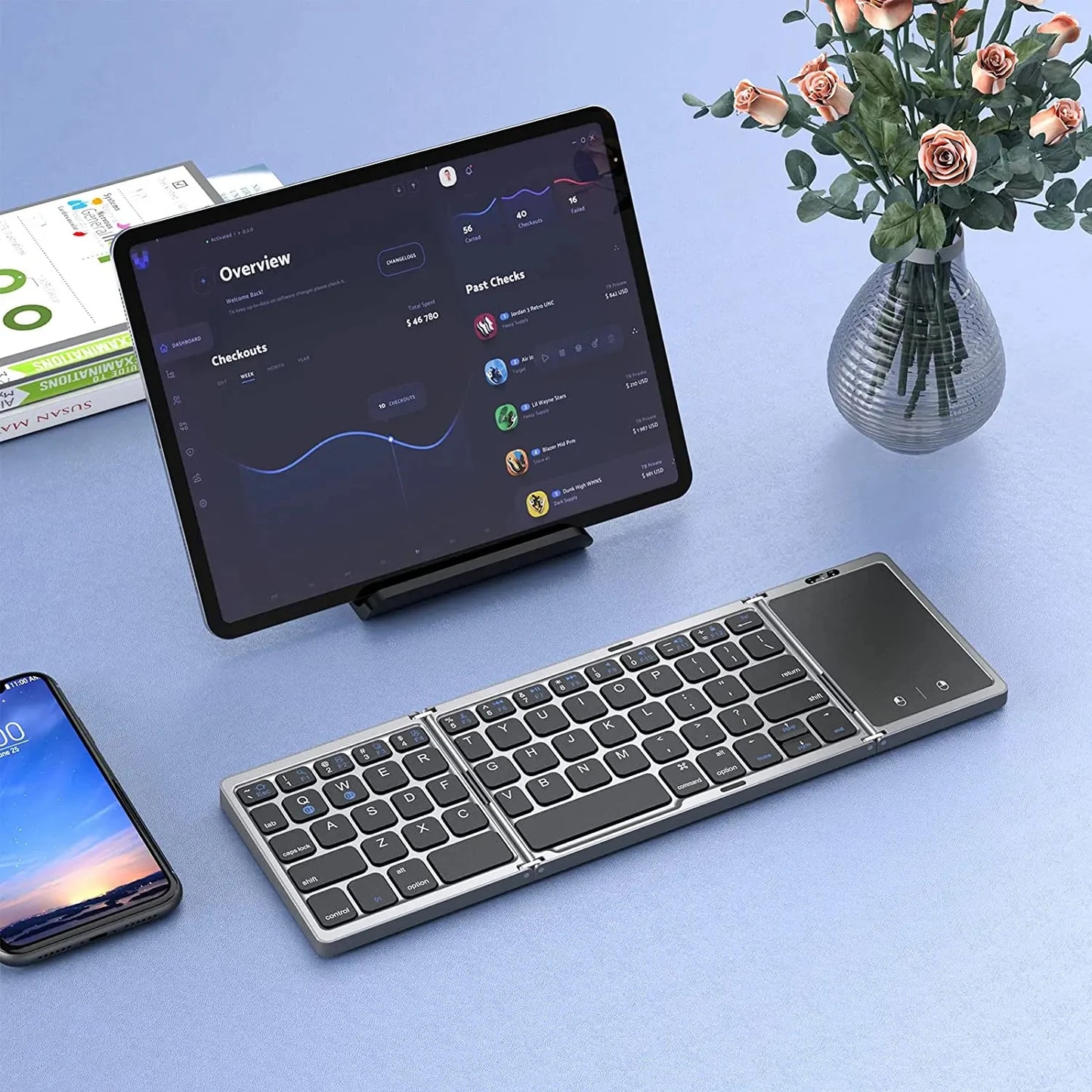 Teclado Bluetooth Dobrável com Touchpad – Mini Teclado Portátil para Windows, Android e iOS
